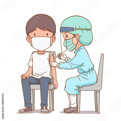 Cartoon illustration of nurse giving an injection to a man.