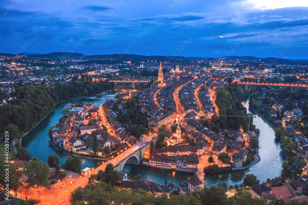 Aerial cityscape of Bern, Switzerland at dusk