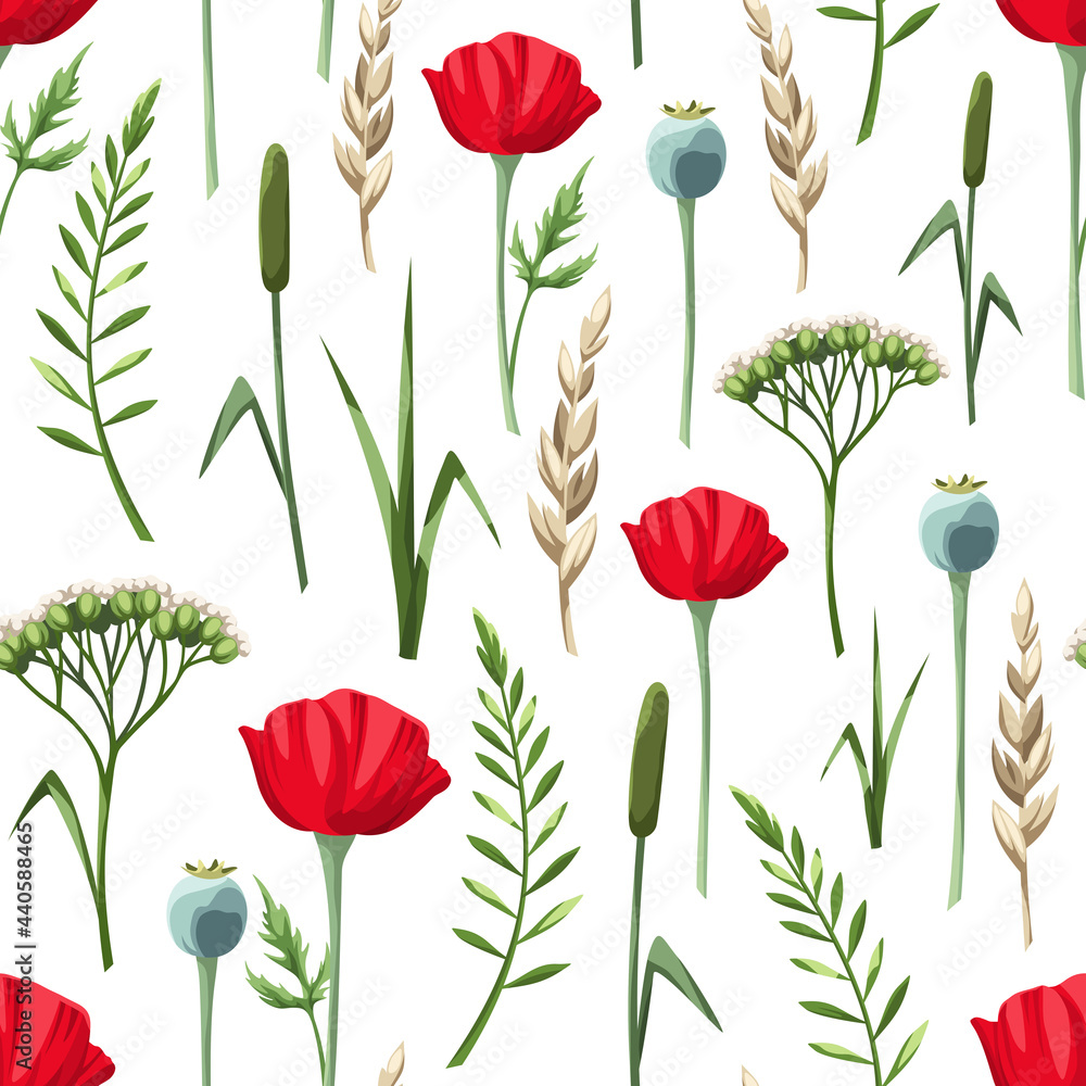 Vector seamless pattern with red poppy flowers and wild grasses on a white background.