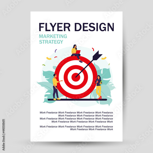 Business team achieving goal. Flyer design. Marketing strategy concept. People near huge target with arrow. Vector illustration. Isolated flat.