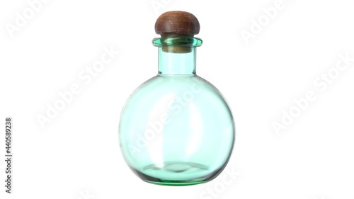 3D illustration of empty glass flask closed with cork stopper.