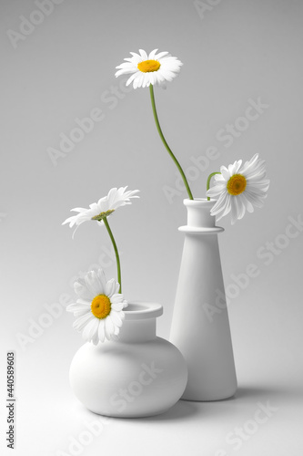 White still life with two white vases and with chamomile flowers.