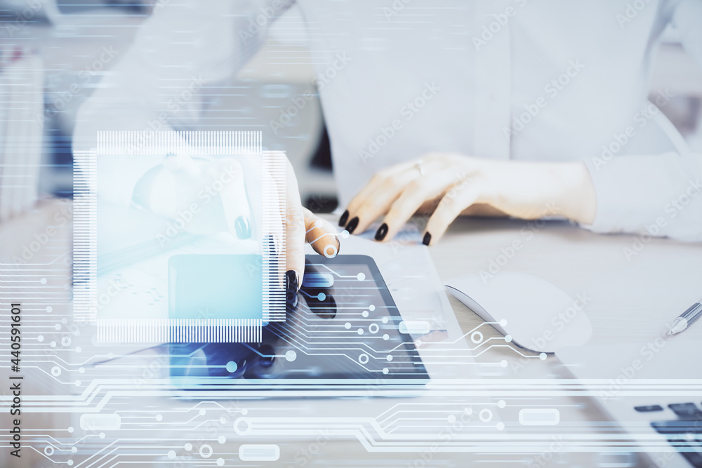 Double exposure of technology sketch hologram and woman holding and using a mobile device. Ai concept Double exposure of technology sketch hologram and woman holding and using a mobile device. Ai concept