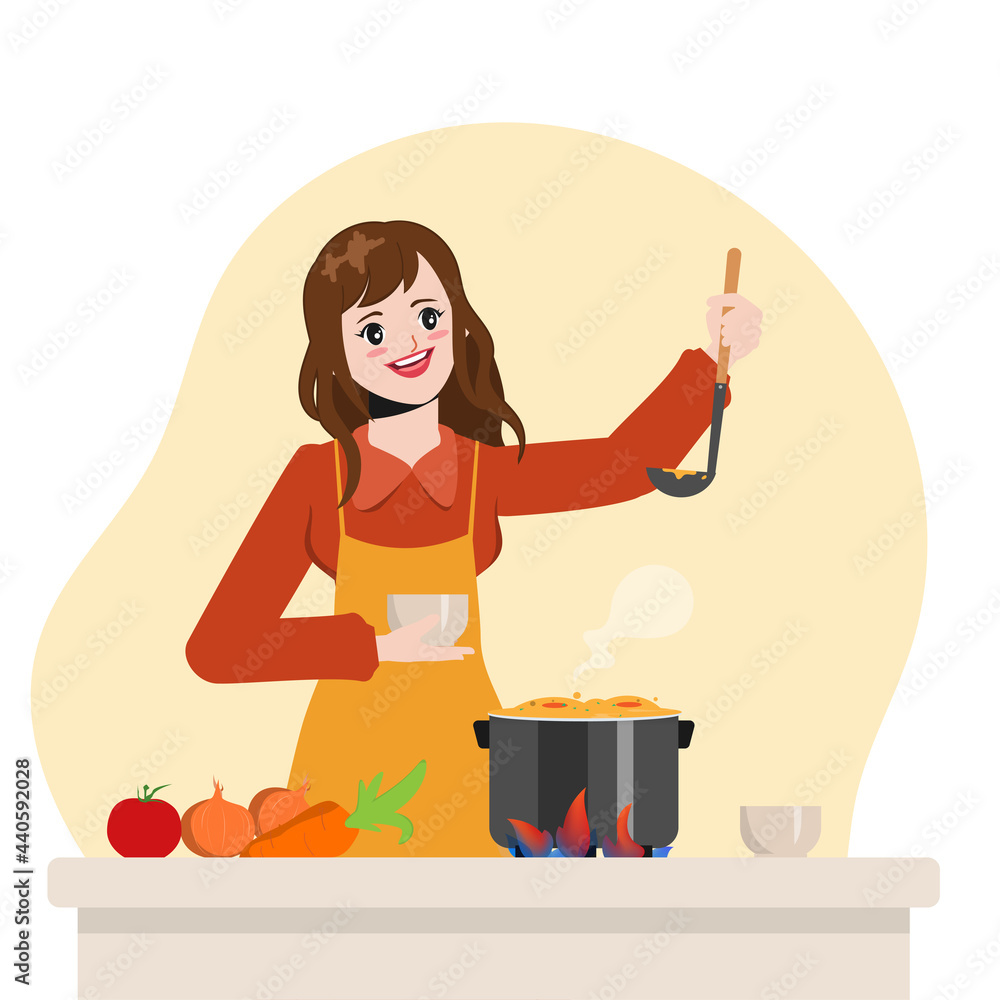 Beautiful housewife is cooking in the kitchen. Illustration vector ...