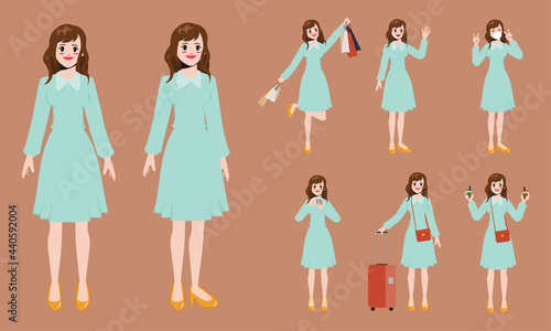 Set of young pretty businesswoman office worker pose. Illustration vector cartoon animation design.