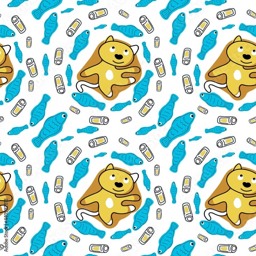 Summer seamless pattern with seals and fish. Print for packaging paper and fabric.
