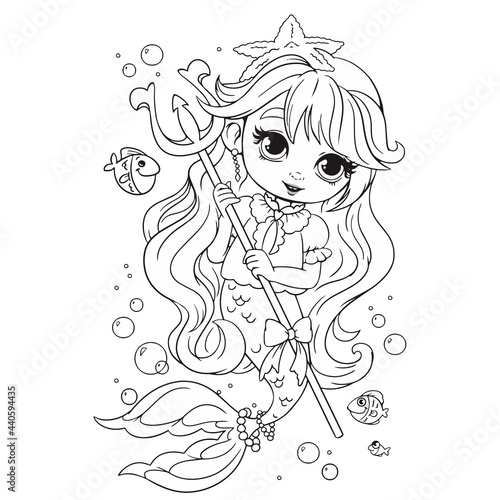 Mermaid princess holding a trident weapon in her hands, coloring book. Coloring book for girls with a beautiful little mermaid. Vector line illustration in cartoon childish style. Isolated clipart