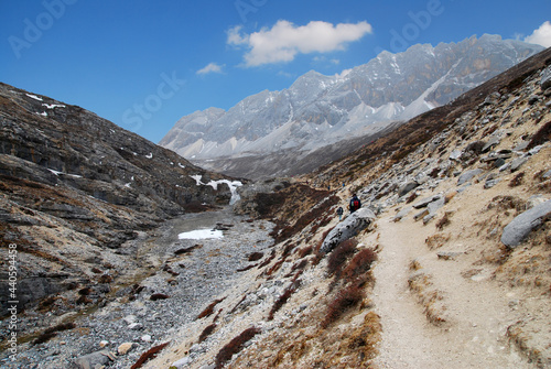 Nature scene landscape of The way for trekking mountain at Yading Nature Reserve Park go to see Milk lake on the top of mountain, Daocheng County, Sichuan China hikes to epic mountains and adventure 