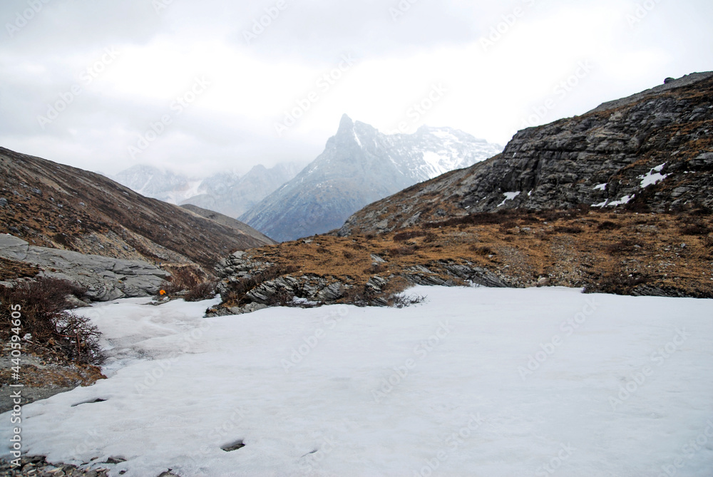 Glacier ice of milk lake of yading , in Daocheng Country,China - hikes to epic mountains and adventurous backpacking