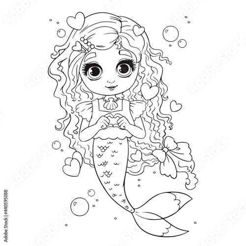 Cute little mermaid shows gesture with hands in the form of a heart, coloring book. Valentine s day for girls with a beautiful little mermaid princess. Vector line illustration in cartoon kids style