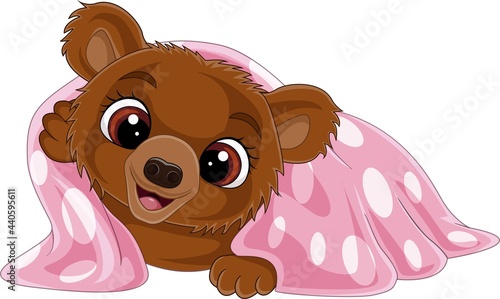 Cartoon funny baby bear wearing pink blanket