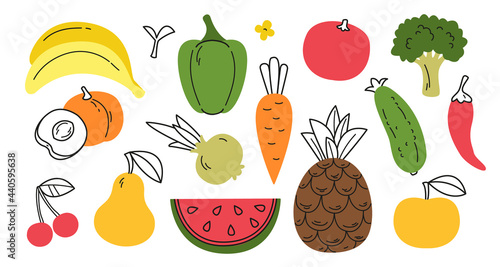 Vector illustration of colored fruits and vegetables in flat style with partial drawing. A set of vegetables and fruits. Vegetarian food