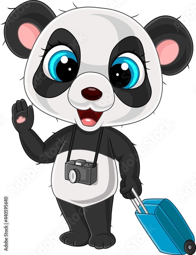 Cartoon funny panda with camera and baggage