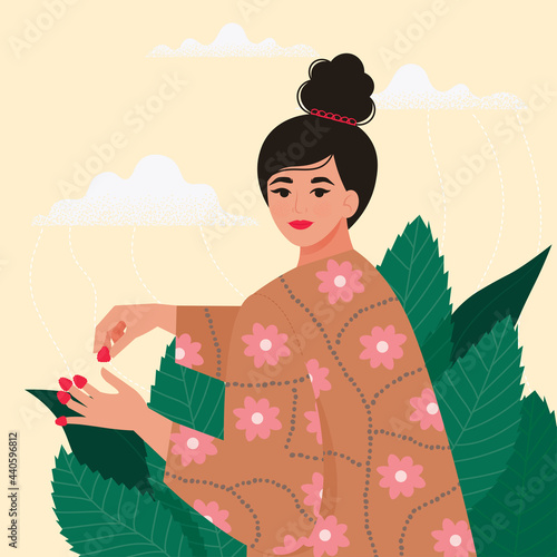 Woman pluck raspberries. Gardening, organic food, summer time concepts. Vector illustration in flat style