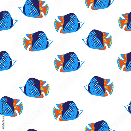 Ocean blue fishes decorative pattern seamless on white background