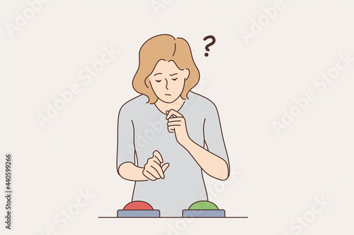 Feeling doubt, difficult choice concept. Young frustrated woman cartoon character standing feeling doubt with question signs above near red and green buttons vector illustration 
