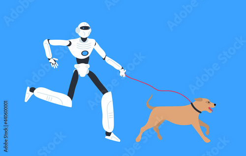 robot humanoid run walk with dog vector illustration