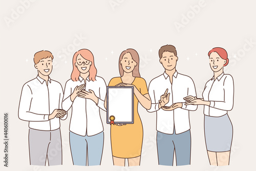 Teamwork, achievement and success concept. Group of young smiling people team cartoon characters standing holding diploma with honors and looking at camera 