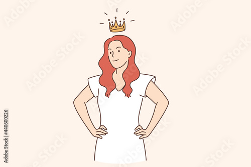 Selfish girl and society concept. Arrogant young woman cartoon character standing with crown above head feeling confident vector illustration 