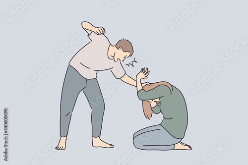 Family abuse and fighting concept. Angry man husband cartoon character standing bitting scared winab feeling furious using hands vector illustration 