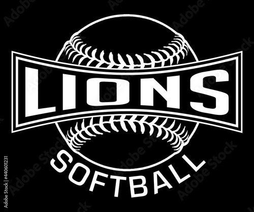 Lions Softball Graphic-One Color-White is a white on black sports design which includes a softball and text and is perfect for your school or team. Great for Lions t-shirts, mugs and other products.