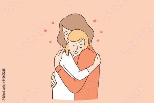 Mothers day and happiness of maternity concept. Happy smiling mother and daughter cartoon characters hugging each other with love and care vector illustration 