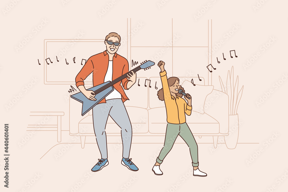 Fototapeta premium Entertainment and activities with children concept. Smiling positive father playing guitar while his happy daughter singing song in microphone together vector illustration 