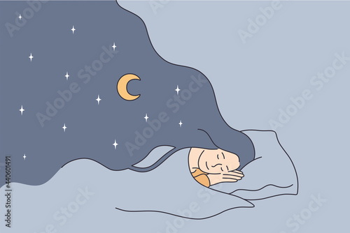 Having sweet dreams at night concept. Young positive girl cartoon character lying in bed sleeping having dreams with eyes closed vector illustration 