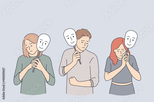 Emotion, personality, psychology, disguise concept. Depressed young people cartoon characters standing holding positive masks on sticks over faces vector illustration 