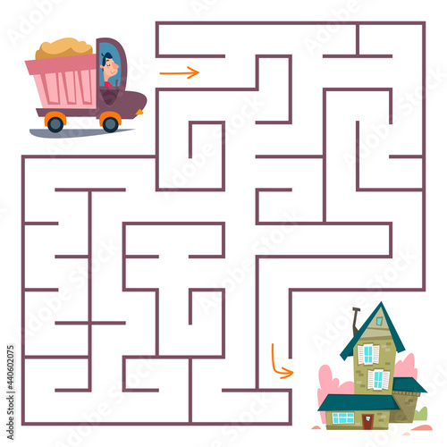 The truck drives home through the maze. A square maze with a transport puzzle for children. Labyrinth for childrens game. The development of preschoolers. Vector illustration