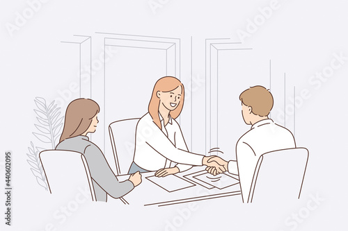 Business agreement or recruitment concept. Young smiling business woman sitting in office shaking hands with successful candidate or business partner vector illustration 