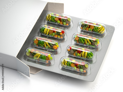 Multivitamins and dietary natural supplements for a healthy diet. Fruits in pills on blister pack.