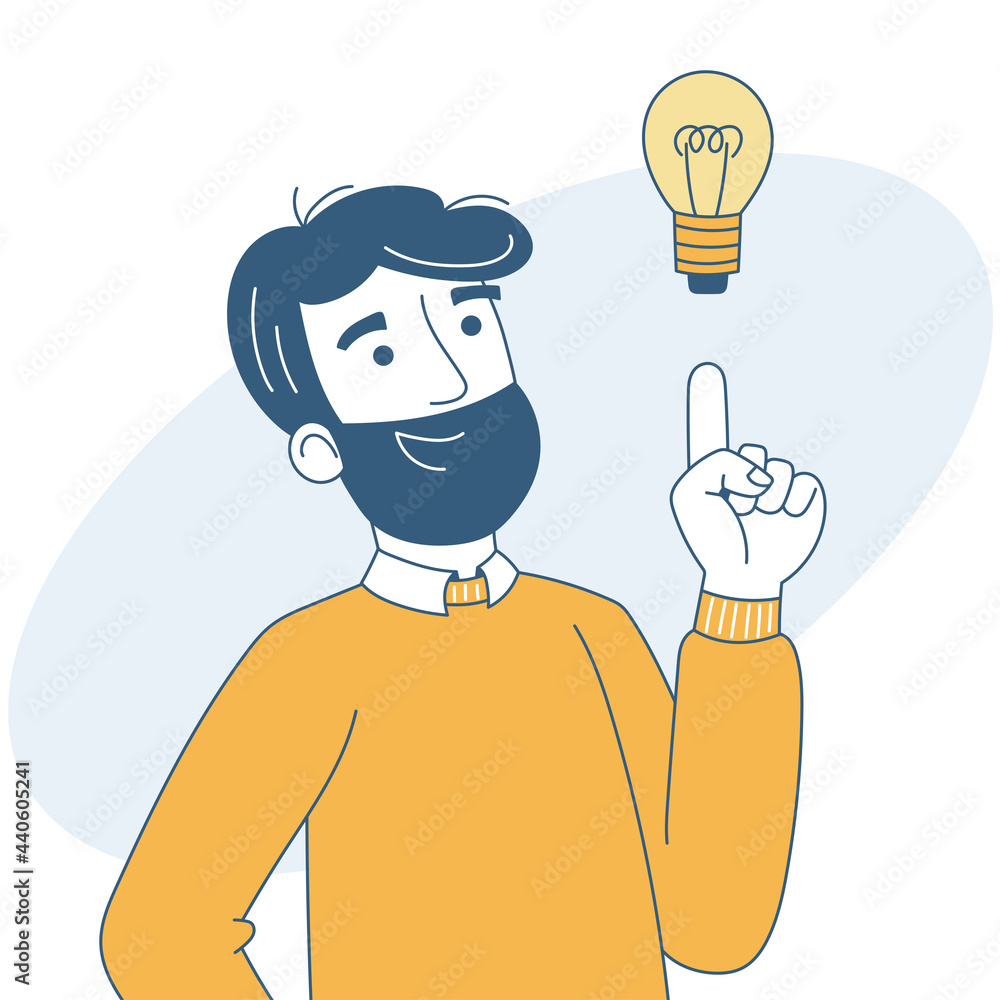 Man getting idea and shows gesture. Man finds solution or solved problem. Vector illustration in cartoon style. Man getting idea and shows gesture. Man finds solution or solved problem. Vector illustration in cartoon style.