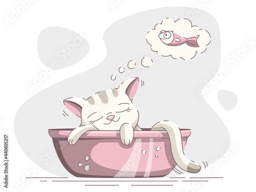 Little cat ist sleeping and dreams of a fish. Vector illustration in cartoon style. 