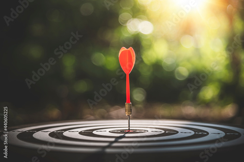 Bullseye or dart board has dart arrow throw hitting the center with bokeh nature backgrounds, shooting target for business targeting and winning goals business concepts.