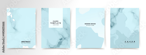 Set of abstract creative universal cover templates. Trendy texture with spots on a blue background. Vector collection for beauty catalog, notebooks, brochures, presentation, social media posts, banner