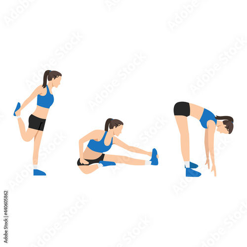 Workout girl set. Woman doing fitness and yoga exercises. Warming up, stretching
