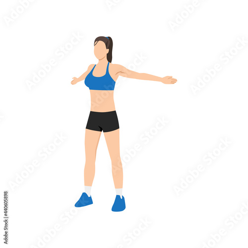Woman doing Wide arm chest stretch. Reverse butterfly exercise. Flat vector illustration isolated on white background