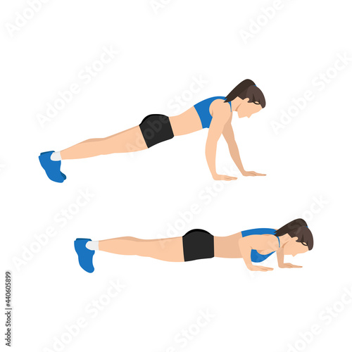 Woman doing Staggered hand push ups. push ups exercise. Flat vector illustration isolated on white background