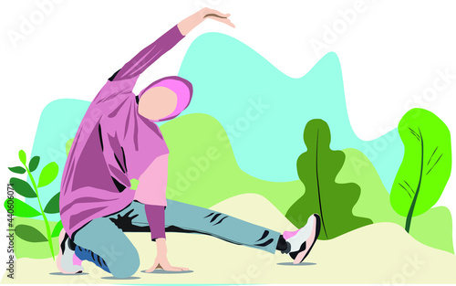 Vector illustration Concept of Healthy Lifestyle, young hijab woman workout exercise at park