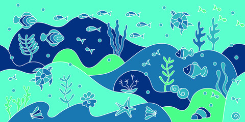 Acrylglasbilder Muster nach Farbe Unterwasserwelt mit Seetang und Fischen  © Надежда Аксенова