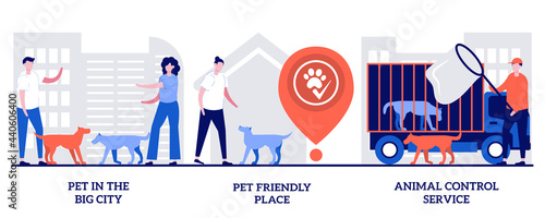 Pet in the big city, dog friendly place, animal control service concept with tiny people. Pet ownership abstract vector illustration set. Walking place, rescue service, stray dogs and cats metaphor