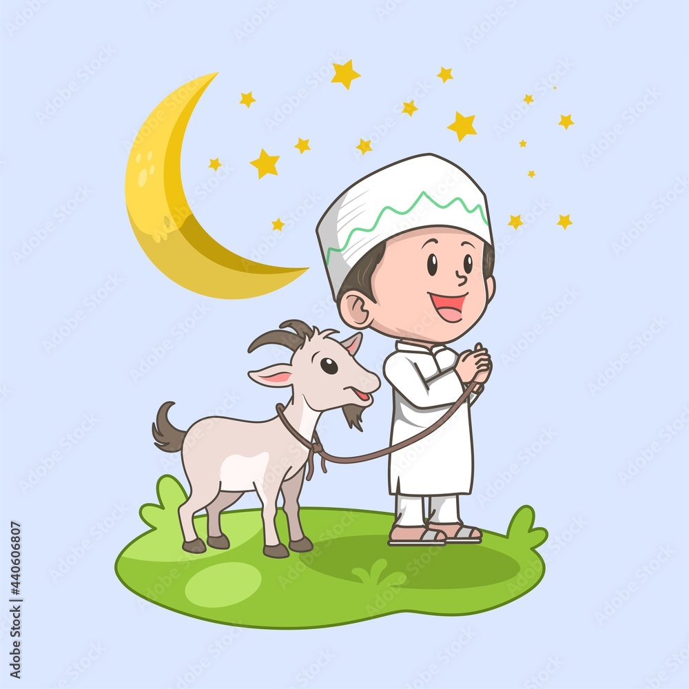 Eid al-Adha or Hari Raya Haji, Feast of Sacrifice. Cute Muslim cartoon