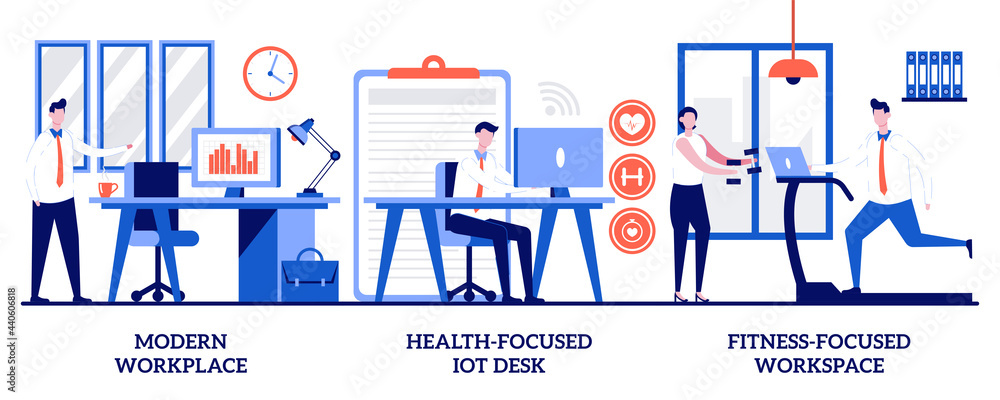 Modern workplace, health-focused IOT desks, fitness-focused lifestyle concept with tiny people. Modern office vector illustration set. Employee happiness and well-being, activity tracking metaphor