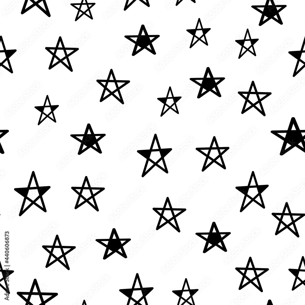 Obraz premium Vector seamless pattern with hand draw stars. Kids background. Fabric textile print. Black and white