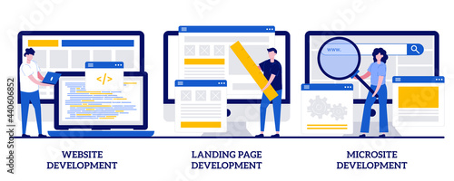 Website, landing page and microsite development concept with tiny people. Webpage programming abstract vector illustration set. Front and back end, design template, menu bar, user experience metaphor