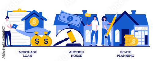 Mortgage loan, auction house, estate planning concept with tiny people. Residential and commercial property vector illustration set. Real estate services, down payment, attorney advise metaphor