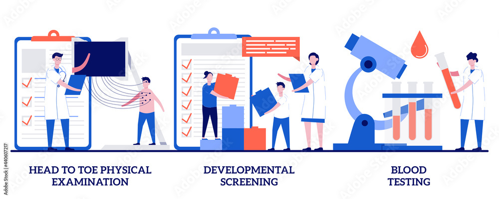 Head to toe physical examination, developmental screening, blood testing concept with tiny people. Pediatric check up abstract vector illustration set. Children health issue diagnostics metaphor