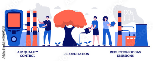 Air quality control, reforestation, reduction of gas emissions concept with tiny people. Containment of global warming abstract vector illustration set. Improve the quality of fresh and clean air