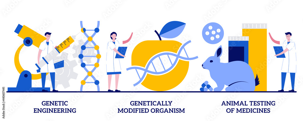 Genetic engineering, genetically modified organism, animal testing of medicines concept with tiny people. Biotechnology abstract vector illustration set. Transgenic organism, lab experiment metaphor